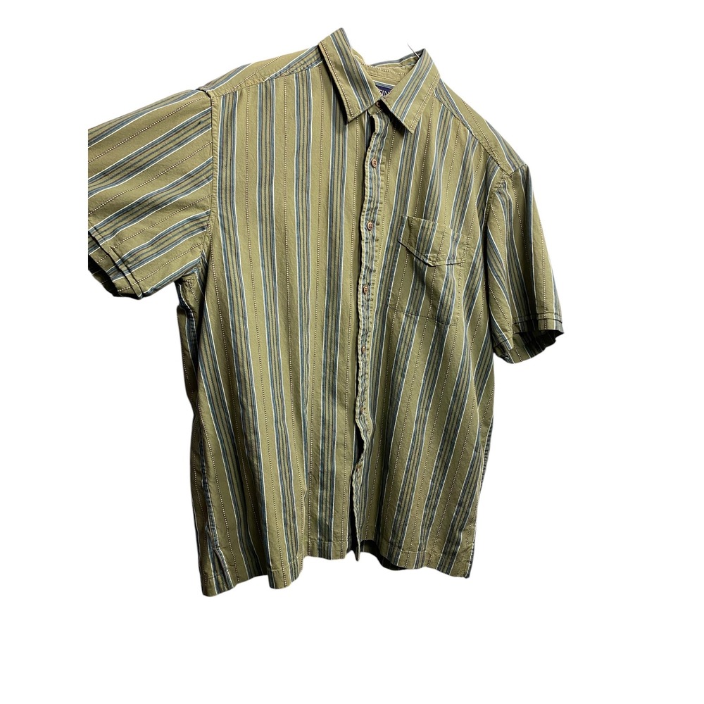 Austin ClothingCo Mens Large Olive Green Striped Cotton Short Sleeve Button Down